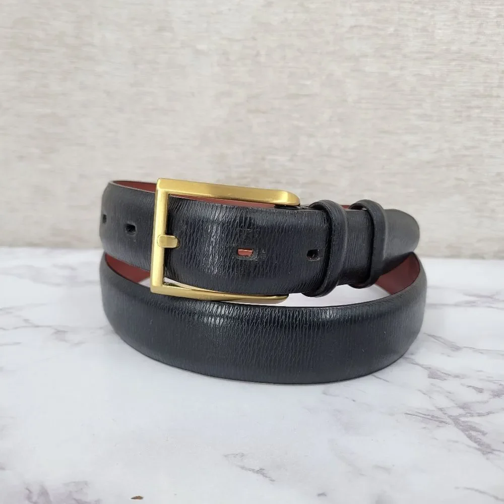 Perry Ellis Men's Black Leather Belt with Gold Buckle
